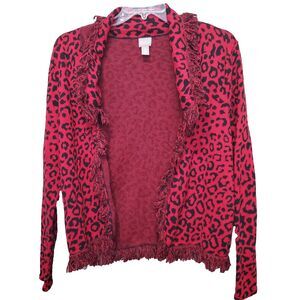 Chico's Cotton Red Leopard Print Open Front Cardigan with Fringe Size 2 Large